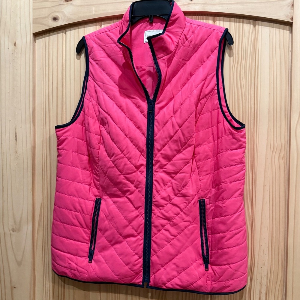 Charter Club Womens Hot Pink Quilted Puffer Vest Navy Trim Full Zip Size L